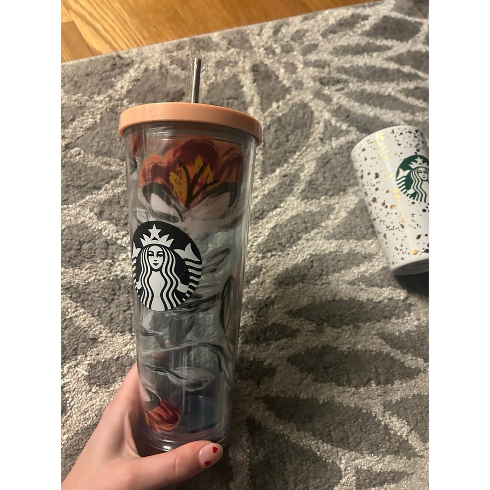Starbucks 2019 Peony Flower Floral VENTI TUMBLER 24oz Pink Lid with Orange Straw - Picture 2 of 6